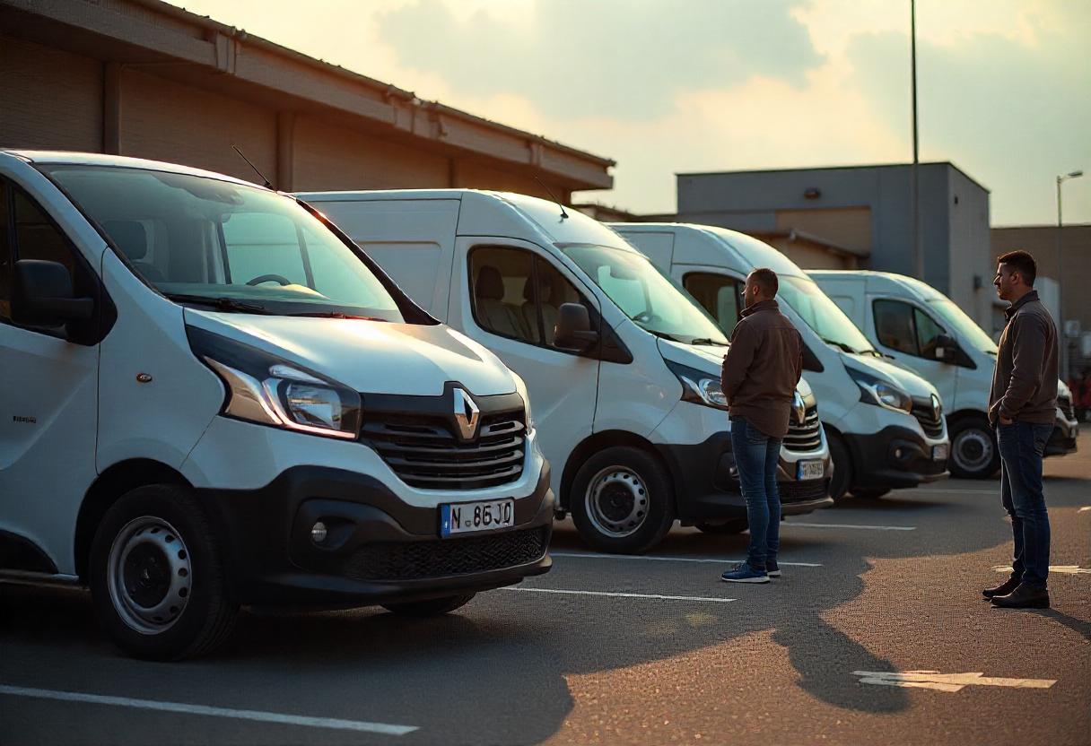 Renault Transporter für Gewerbe und Alltag im Modellvergleich Verschiedene Renault Transporter-Modelle mit Menschen aus Handwerk, Logistik und Gewerbe – Übersicht zur Modellpalette im Praxiseinsatz